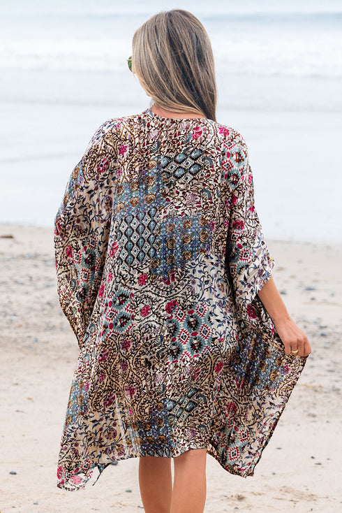 Bohemian Mixed Print Open Front Draped Kimono