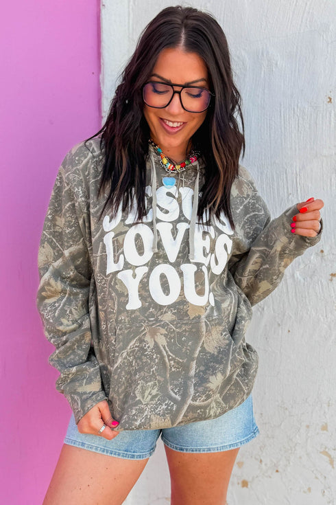 Retro Camouflage Jesus Loves You Print Relaxed Hoodie