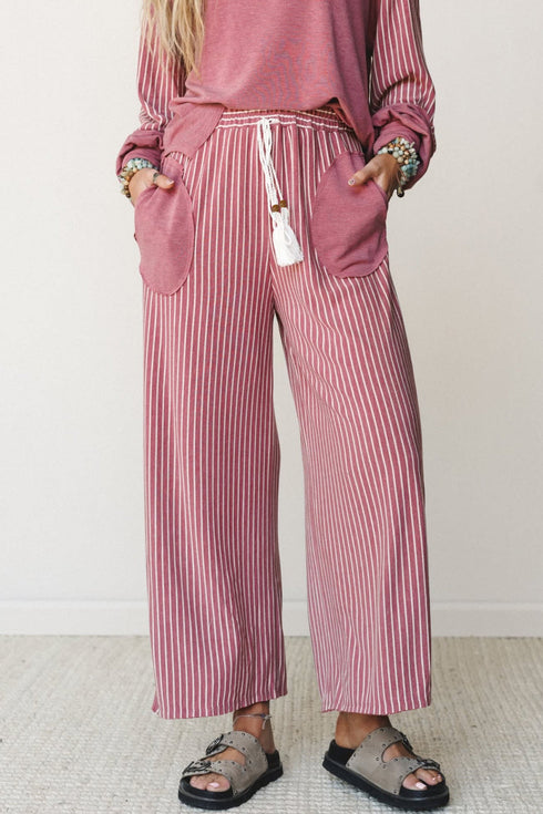 Raw Seam Patchwork Long Sleeve Top Pocketed Wide Leg Pant Set