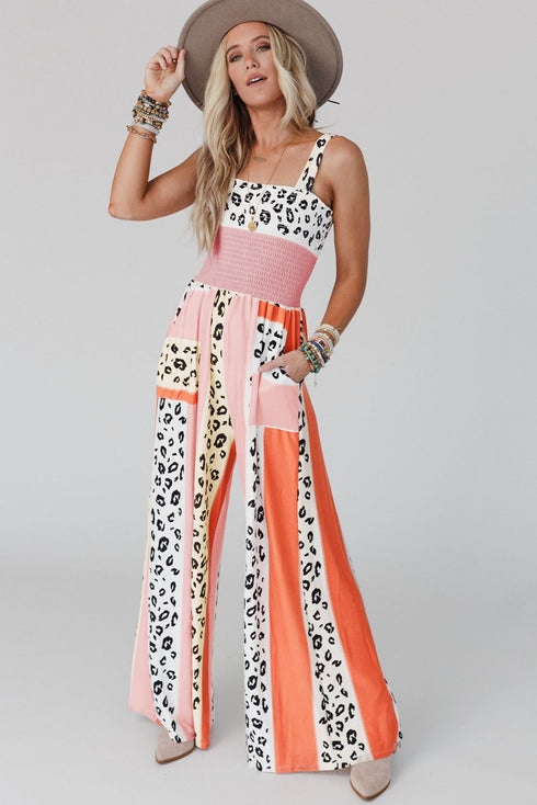 Leopard Mixed Print Western Pocketed Jumpsuit