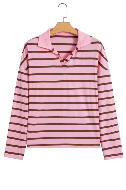 Striped Collared Long Sleeve Straight Cut Top