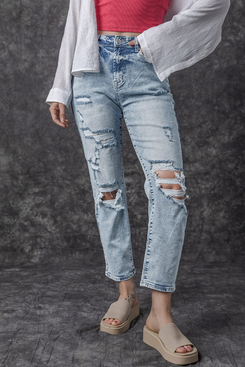 Distressed Frayed Slim Fit High Waist Denim Jeans