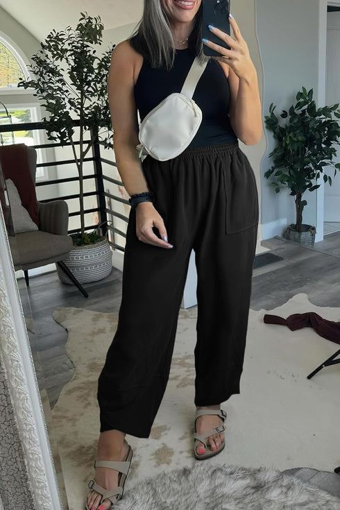 Solid Elastic Waist Asymmetrical Hem Loose Capri Pants