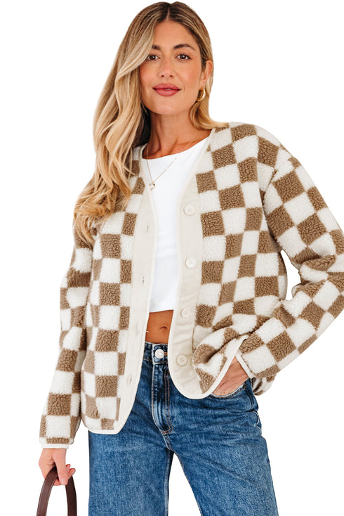 Checkered Print Chunky Sherpa Fleece Button Front Jacket