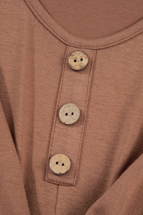 Shirred Cuff Button Round Neck Long Sleeve Mini Dress