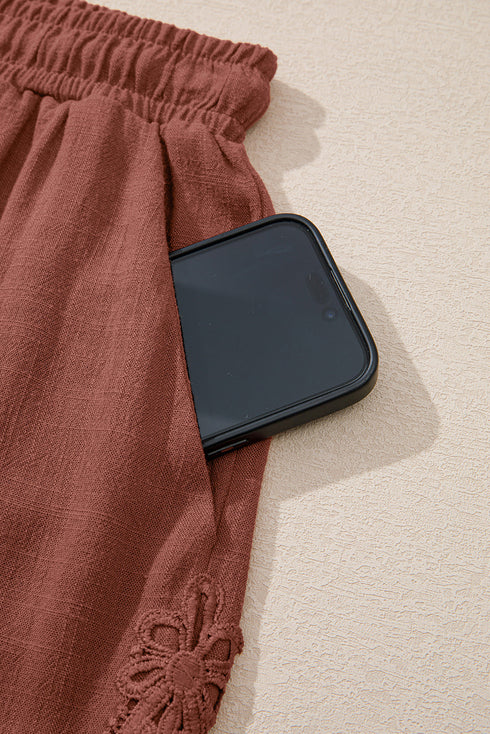 Lace Splicing Drawstring Elastic Waist Loose Linen Casual Shorts