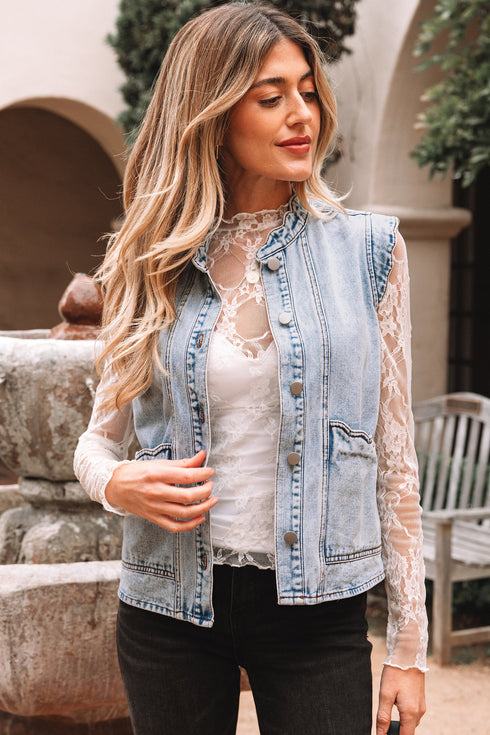 Scalloped Trim Patch Pocket Button Front Denim Vest