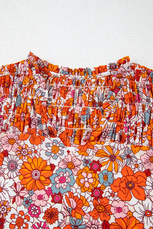 Floral Pleated Ruffle V Neck Short Sleeve Blouse