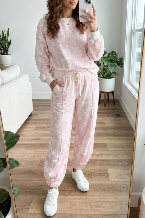 Abstract Print Drop Shoulder Drawstring Waist Hem Pant Set