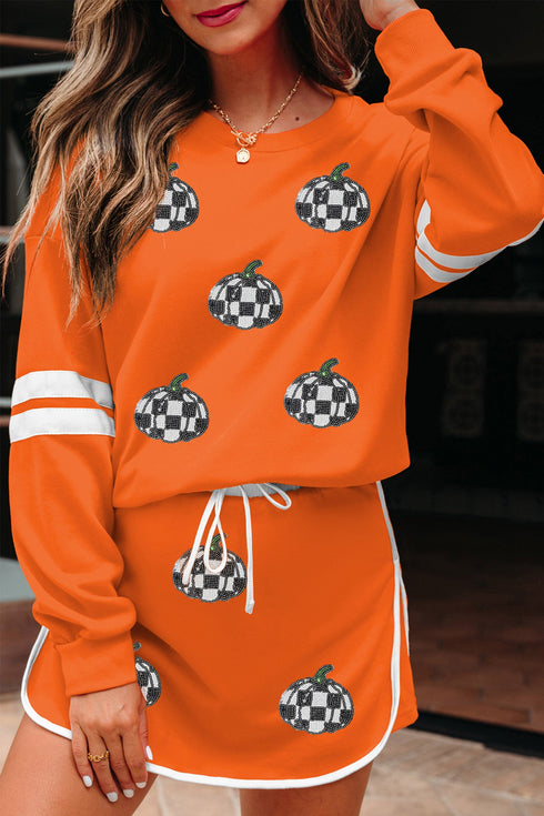 Rhinestone Pumpkin Print Long Sleeve Shift Skirt Set