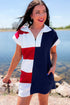 Americana Striped Zip Up Collared T Shirt Mini Dress
