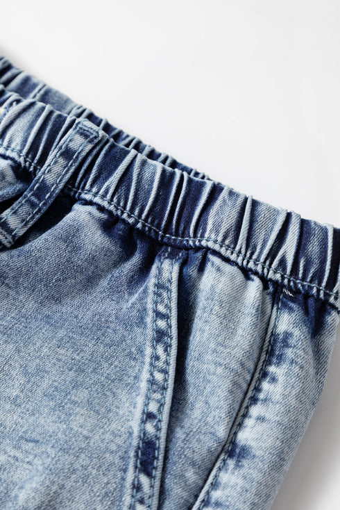 Acid Wash Exposed Seam Elastic Waist Wide Leg Jeans