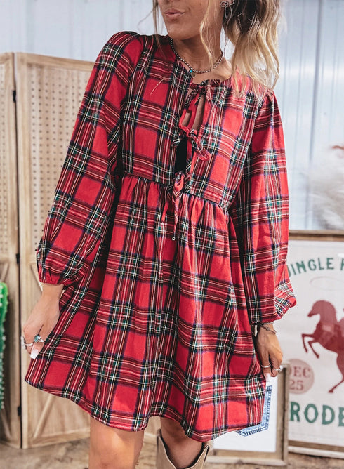 Plaid Tie Front Long Sleeve Shift Mini Dress