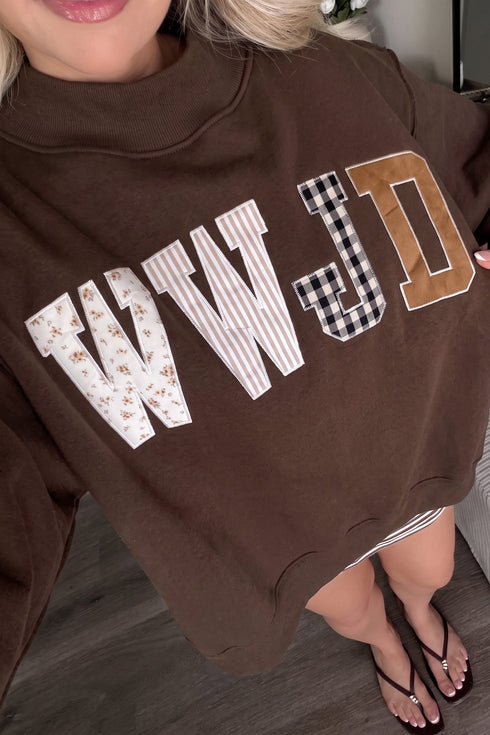 Wwjd Mixed Pattern Embroidered Patch Graphic Mock Neck Sweatshirt