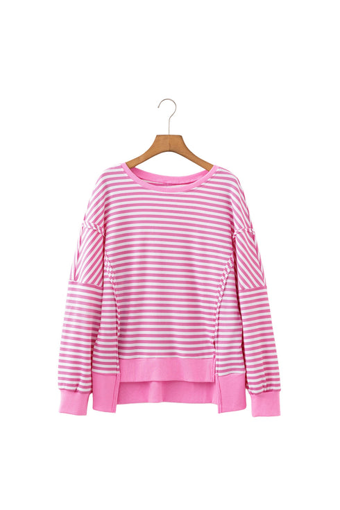 Striped Waffle Knit Split Hem Textured Long Sleeve Top