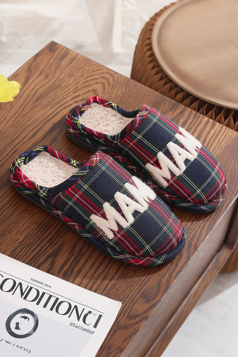 Retro Plaid Mama Lettering Plush Lined House Slipper