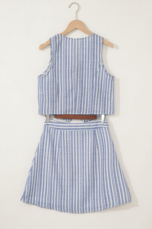 Striped Buttoned Waistcoat A Line Mini Skirt Two Piece Dress