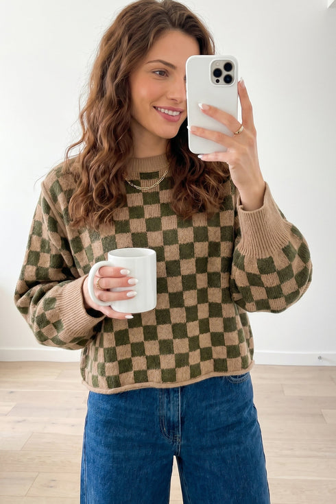 Checkered Drop Shoulder Long Sleeve Knit Sweater
