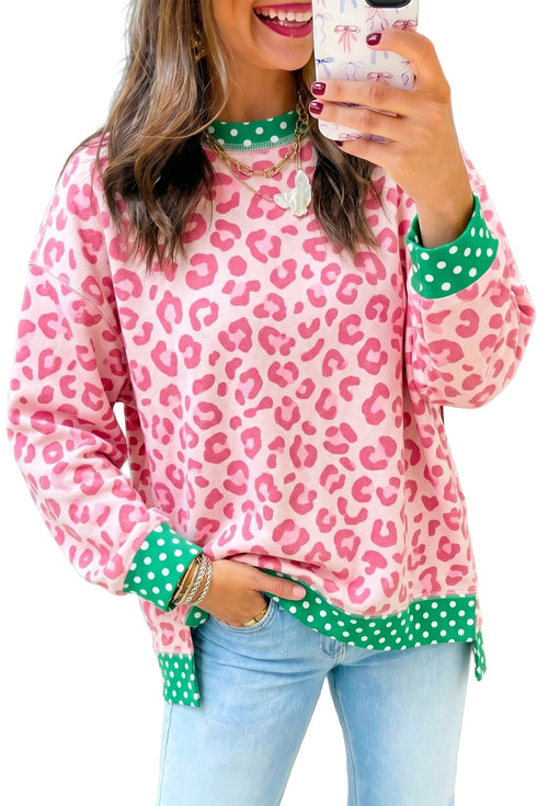 Leopard Polka Dot Trim Long Sleeve Top