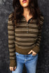 Striped Ribbed Knit Button Detail Collared Sweater