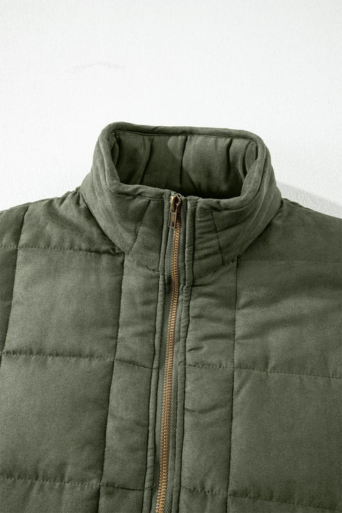Casual Solid Zip Up Quilted Pocket Jacket