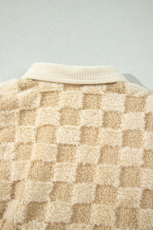 Checkered Corduroy Trim Metal Button Sherpa Jacket