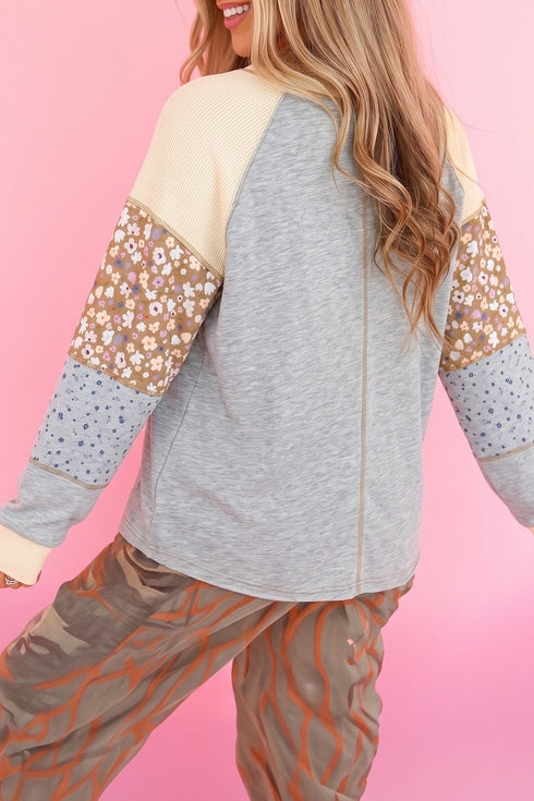 Floral Waffle Mixed Patchwork Long Sleeve Top