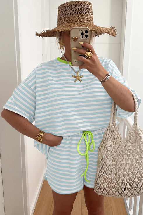 Stripe Contrast Neck Loose Tee Drawstring Short Sets