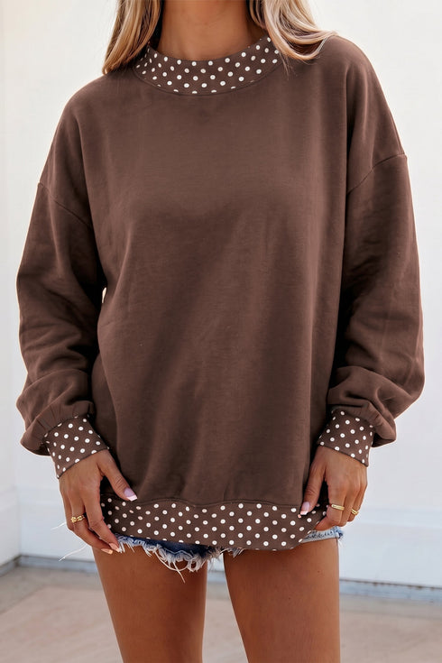 Mock Neck Polka Dot Pattern Trim Oversized Sweatshirt