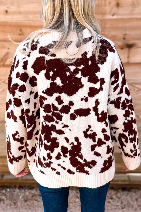 Cow Pattern Western Long Sleeve Round Neck Pullover Sweater