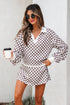 Checkered Polo Collar Long Sleeve Mini Skirt Two Piece Dress