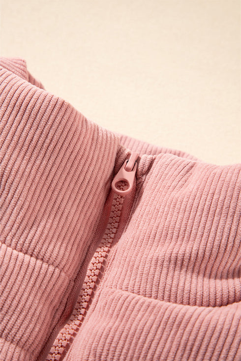 Textured Corduroy Stand Neck Zipped Puffer Vest