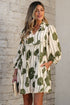 Floral Striped Print Contrast Piping Puff Sleeve Dress
