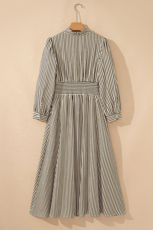 Modern Striped Zip Front Cinched High Waist Midi Dress