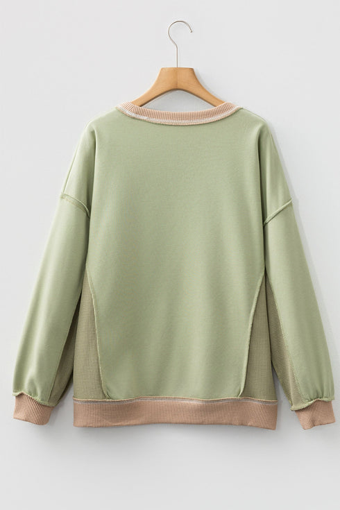 Polyester Sequin Bow Patchwork Waffle Loose Sweatshirt