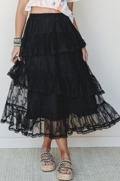 Polyamide Elastane Elegant Ruffle Lace Tiered Skirt