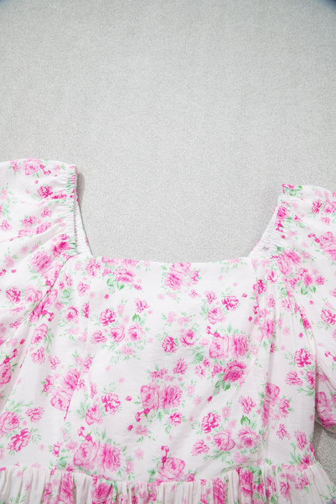 Floral Print Square Neck Ribbon Knot Back Mini Dress