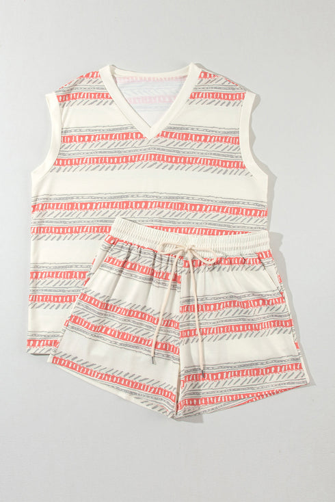 Western Bohemian Striped Pattern Casual Tank Short Sets