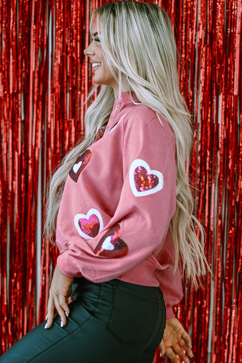Sequin Heart Applique Snap Button Collared Pullover Sweatshirt