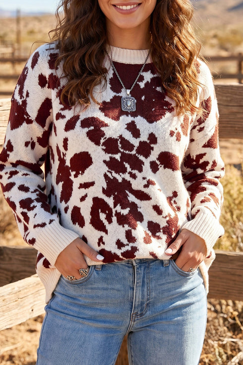 Cow Pattern Western Long Sleeve Round Neck Pullover Sweater