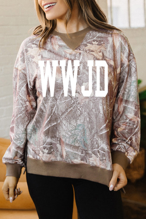 Polyester Elastane Camo Wwjd Graphic Slit Sweatshirt