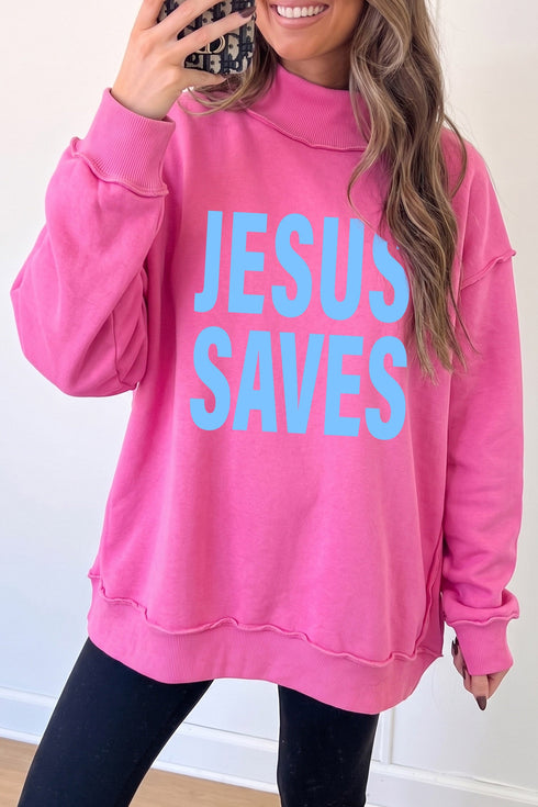 Polyester Jesus Saves Graphic Mock Neck Sweatshirt