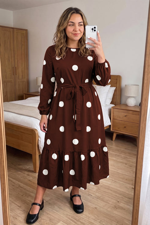 Polka Dot Ruffled Hem Tie Waist Midi Dress