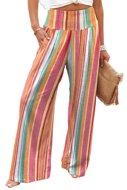 Bohemian Striped Smocked High Waist Wide Leg Pants