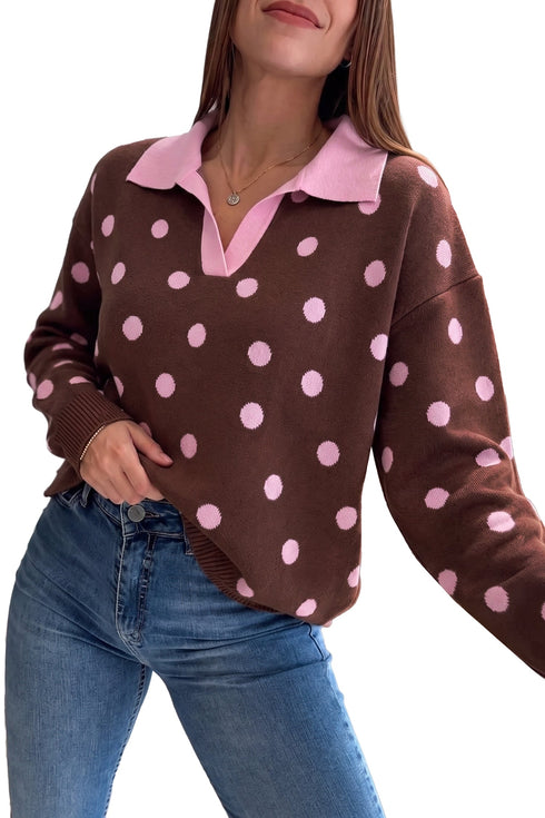 Polka Dot Pattern Collared Loose Pullover Sweater