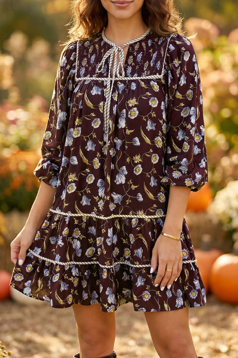 Floral Print Shirred V Neck Shift Mini Dress