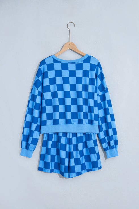 Plaid Long Sleeve Crop Top Elastic Waist Two Piece Short Set
