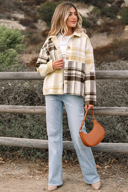 Button Front Patchwork Side Pocket Plaid Shacket