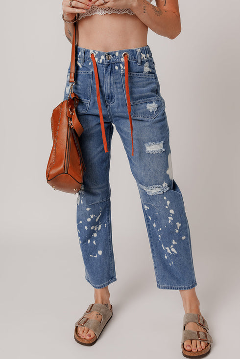 Distressed Splatter Paint Rope Waist Cropped Straight Leg Jeans