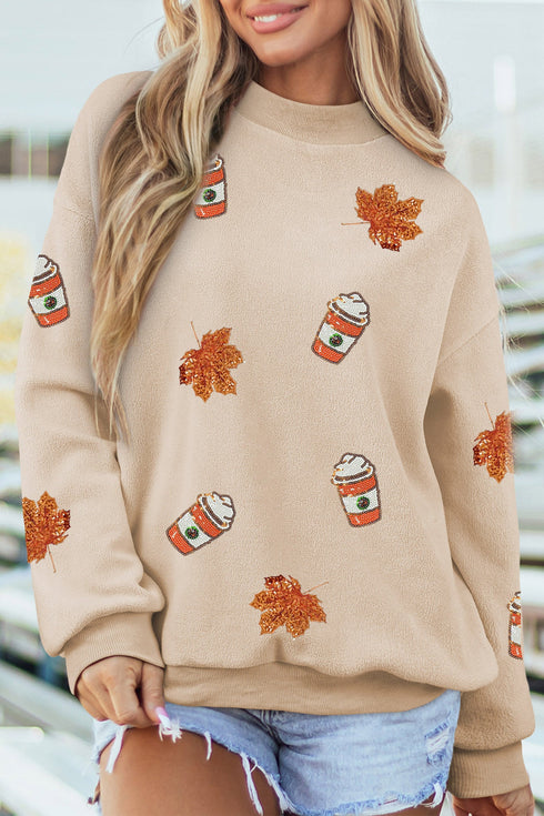 Sequin Leaf Drinks Patch Graphic Mock Neck Sweatshirt